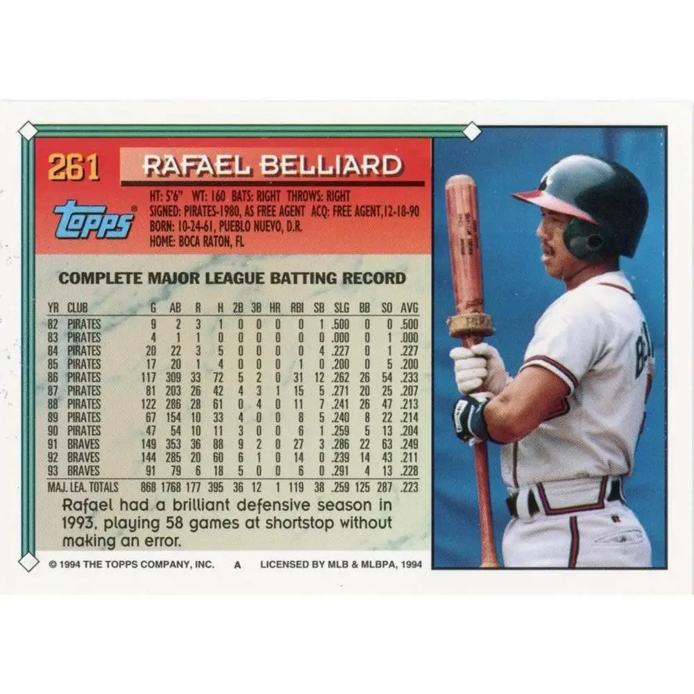1994 Topps Rafael Belliard # 261 Atlanta Braves